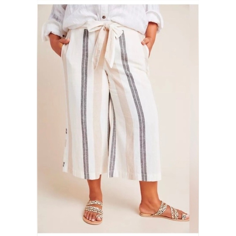 Anthropologie Striped Linen Blend Wide Leg Cropped Pants Cream Tan‎ Small